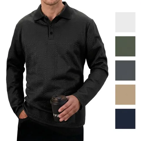 Men Textured Polo Shirt Long Sleeve Polyester Smart Casual Jacquard Top For Autumn Spring