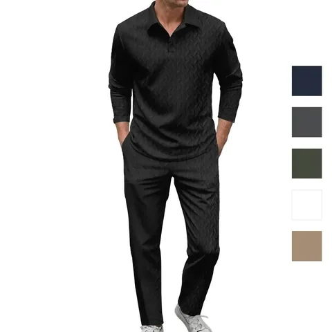 Herren Casual Langarm Polohemd Und Hosen Set Jacquard Rippstruktur Top Und Bottom Für Herbst Winter Herren Bekleidung