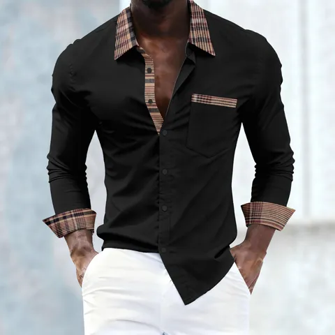 Camicia da Uomo a Maniche Lunghe Patchwork a Quadri Colletto a Punta Poliestere Tessuto Top Casual Smart Casual Quotidiano