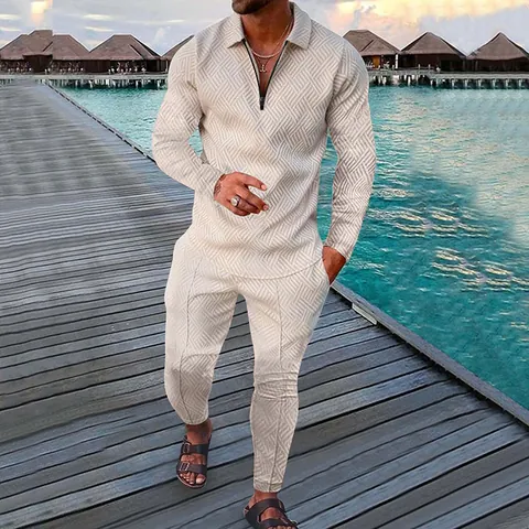 Men's Casual Sports Suit 1/4 Zip Long Sleeve Top And Bottom Set Geometric Texture Tracksuit Fashion Workout Apparel For Men