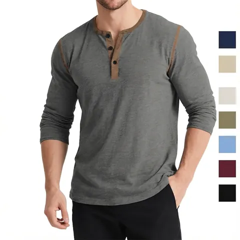 Men Retro Henley Shirt Color Block Long Sleeve Cotton Blend Triple Button Placket Casual Top Vintage Slim Fit Autumn Tee