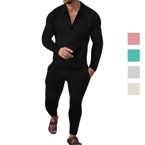 Men's Casual Sports Suit 1/4 Zip Long Sleeve Top And Bottom Set Geometric Texture Tracksuit Fashion Workout Apparel For Men
