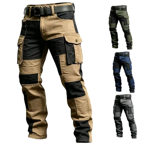 Men's Tactical Cargo Pants Patchwork Multi Pocket Cotton Outdoor Casual Straight Leg Streetwear Bottoms