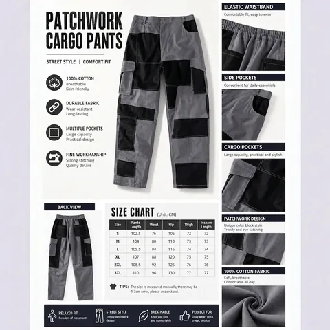 Men's Tactical Cargo Pants Patchwork Multi Pocket Cotton Outdoor Casual Straight Leg Streetwear Bottoms