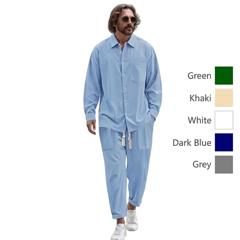 Herren Casual Baumwolle Kleidung Set Revers Langarm Hemd Und Kordelzug Lange Hose Top And Bottom Resort Stil Outfit
