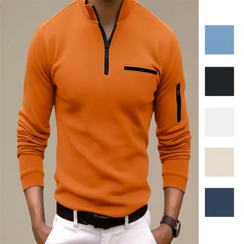Men Long Sleeve Polo Shirt 1/4 Zipper Stand Collar Cotton Blend Polyester Casual Sports Outdoor Patchwork Zipper Pocket Top