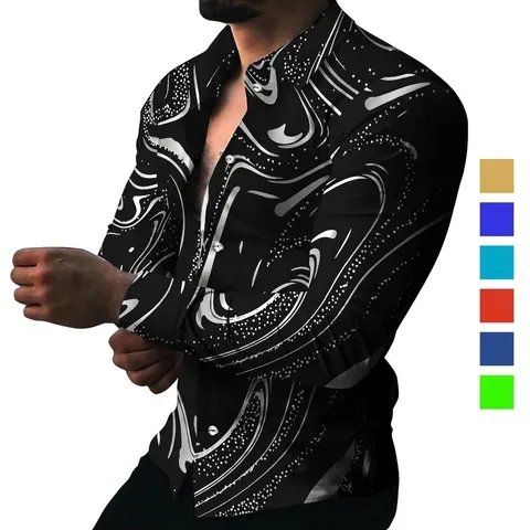 Herren Slim Fit Langarm Bedrucktes Freizeit Hemd Mode Marmor Wirbel Druck Revers Knopf Oben Polyester Top Frühling Herbst