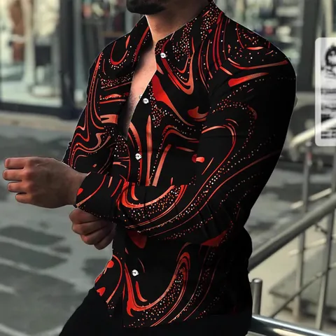 Herren Slim Fit Langarm Bedrucktes Freizeit Hemd Mode Marmor Wirbel Druck Revers Knopf Oben Polyester Top Frühling Herbst