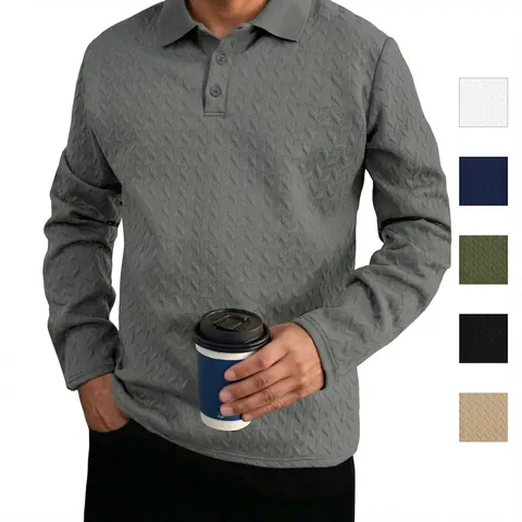 Men's Casual Long Sleeve Polo Shirt Business Jacquard Herringbone Pattern Lapel Button Top For Autumn Spring Everyday Wear