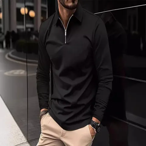 Men's Solid Color Long Sleeve Polo Shirt Casual Quarter Zip Pullover Tops Breathable Fashion Polo Shirt For Men