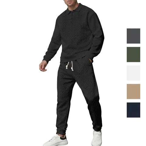 Herren Casual Weizenstruktur Langarm Polo Shirt und Hosen Set Sportlich Zweiteiliges Outfit für Frühling Herbst Outdoor Alltag
