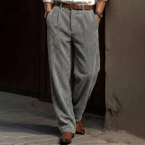 Men Corduroy Casual Dress Pants Straight Leg Pleated Business Commuting Trousers Solid Color Retro High Grade Full Length Pants