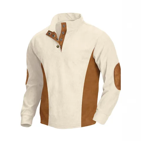 Men Stand Collar Long Sleeve Corduroy Top Casual Ribbed Patchwork Henley Shirt With Buttons Acetate Fiber Male Clothing