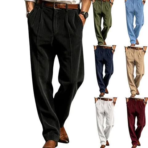 Men Corduroy Casual Dress Pants Straight Leg Pleated Business Commuting Trousers Solid Color Retro High Grade Full Length Pants