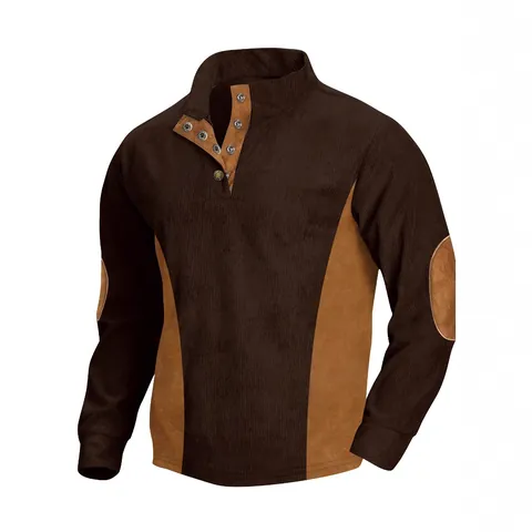Men Stand Collar Long Sleeve Corduroy Top Casual Ribbed Patchwork Henley Shirt With Buttons Acetate Fiber Male Clothing