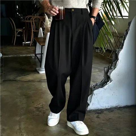 Pantaloni da Uomo a Gamba Larga Dritti e Larghi Primavera Estate Misto Cotone Poliestere Pantaloni Casual Plissettati