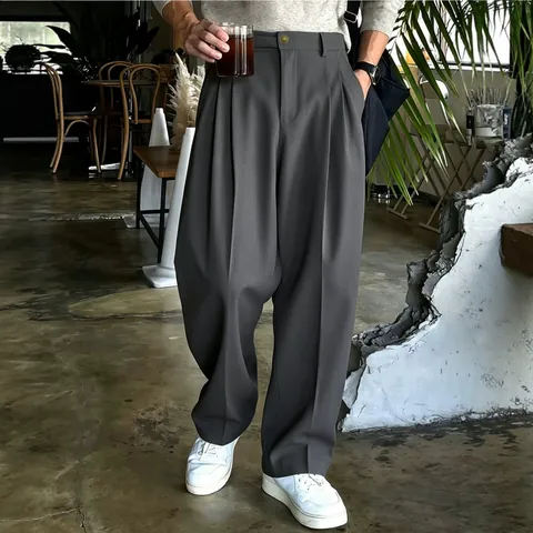 Pantaloni da Uomo a Gamba Larga Dritti e Larghi Primavera Estate Misto Cotone Poliestere Pantaloni Casual Plissettati