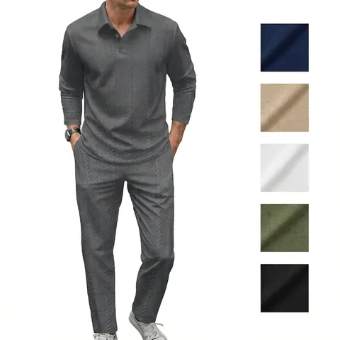 Herren Texturiertes Polo-Shirt Und Hose Set Lässig Langarm Sport Oberteil Und Unterteil Jacquard-Gewebe Trainingsanzug