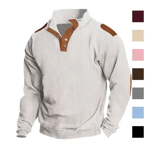 Men's Vintage Waffle Knit Henley Shirt Long Sleeve Contrast Patchwork Polo Top Casual Urban Fashion Pullover For Men