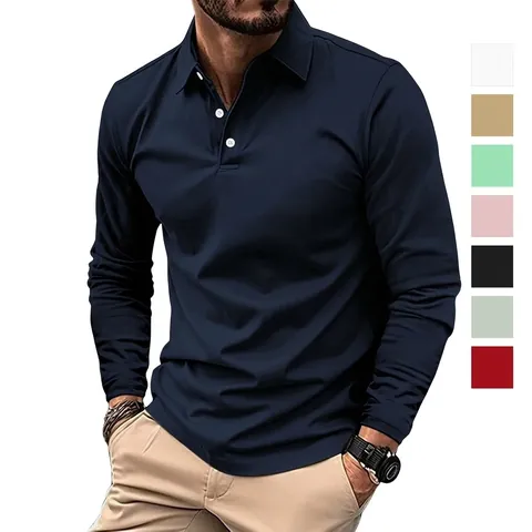 Men Long Sleeve Polo Shirt Casual Business Solid Color Cotton Blend Lapel Button Top Fashion Urban Style Sport Polo Top