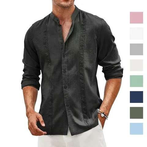 Heren Casual Katoenmix Overhemd Cubaanse Stijl Lange Mouw Band Kraag Knoopsluiting Strand Vakantie Guayabera Top
