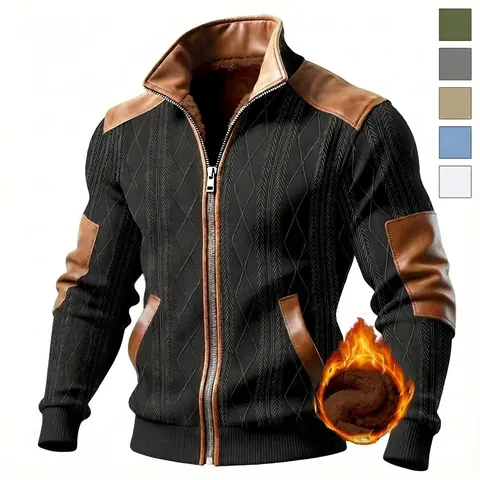 Chaqueta de Moda para Hombre Bloque de Color Texturizada Forro de Polar Cálida Casual Top con Cremallera para Otoño Invierno