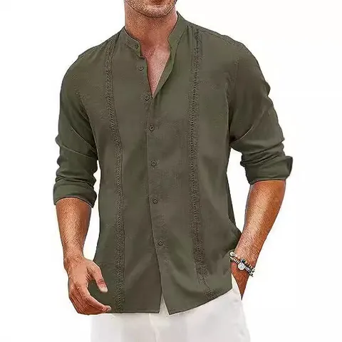 Heren Casual Katoenmix Overhemd Cubaanse Stijl Lange Mouw Band Kraag Knoopsluiting Strand Vakantie Guayabera Top