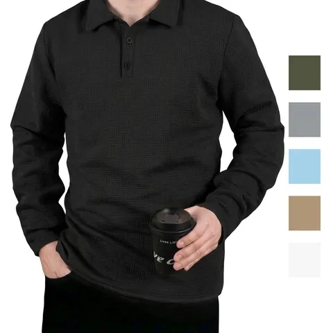 Polo da Uomo a Manica Lunga in Maglia a Nido d'Ape Misto Cotone Lino Top Casual con Risvolto Moda Urbana Business