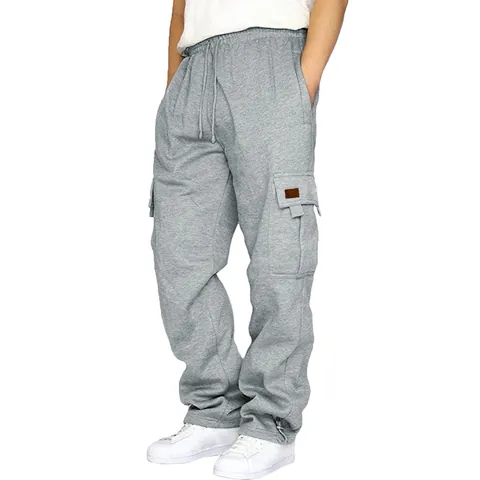 Men's Cargo Pants Fleece Lined Jogger Sweatpants Polyester Drawstring Waist Multi Pocket Casual Bottoms For Outdoor Sports