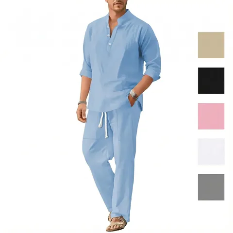 Ανδρικό Casual Λινό Top And Bottom Όρθιος Γιακάς Πουκάμισο με Κουμπιά Παντελόνι με Κορδόνι Διακοπές στην Παραλία