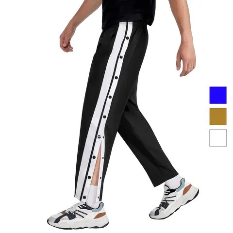 Men's Side Snap Button Basketball Pants High Street Loose Fit Straight Leg Sports Joggers Side Stripe Casual Trousers