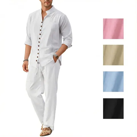 Men Top And Bottom Cotton Casual Solid Color Stand Collar Long Sleeve Shirt Drawstring Trousers Beach Vacation Clothes