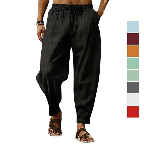 Men Striped Cotton Linen Casual Pants Breathable Loose Fit Drawstring Waist Summer Beach Hip Hop Trousers With Pockets