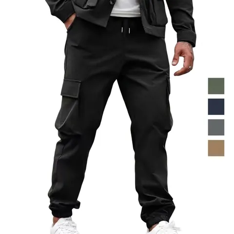 Men's Casual Cargo Pants Multi Pocket Drawstring Elastic Cuff Joggers Woven Polyester Cotton Blend Solid Color Workwear Trousers