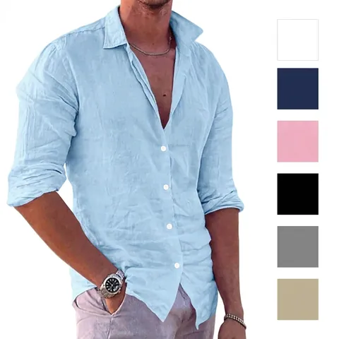 Men Casual Cotton Linen Blend Shirt Slim Fit Long Sleeve Button Up Dress Shirt Solid Color Breathable Summer Beach Tops