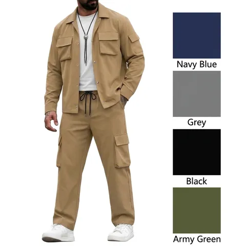 Herren Cargo Workwear Anzug Multi-Taschen Revers Langarm Jacke Hosen Set Casual Moto Outfit Polyester Kleidung Für Herren