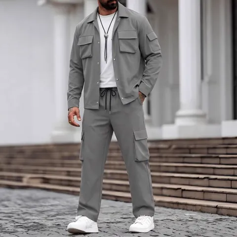 Herren Cargo Workwear Anzug Multi-Taschen Revers Langarm Jacke Hosen Set Casual Moto Outfit Polyester Kleidung Für Herren