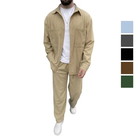 Men's Corduroy Top And Bottom Apparel Long Sleeve Flap Pocket Jacket And Straight Leg Pants Casual Fashion Urban Outfit