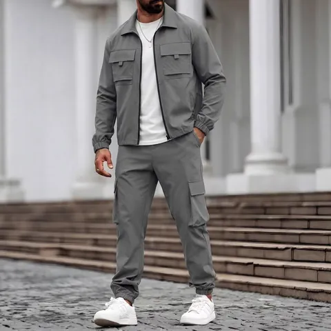 Men Casual Cargo Suit Top And Bottom Multi Pocket Zipper Jacket And Long Pants Solid Color Outdoor Leisure Apparel