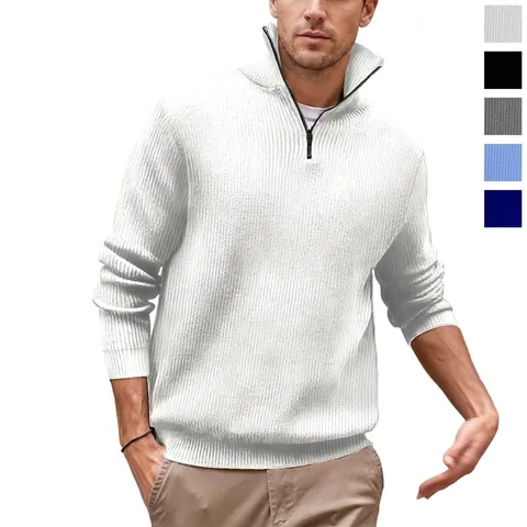 Men's Long Sleeve Quarter Zip Polo Shirt Ribbed Knit Cotton Striped Patchwork Casual Autumn Winter Slim Fit Pullover Top