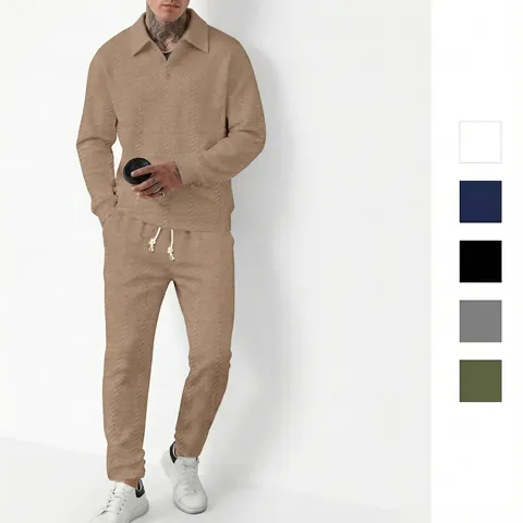 Ensemble de Survêtement Texturé pour Hommes Polo à Manches Longues en Polyester et Pantalon à Cordon Tenue Décontractée