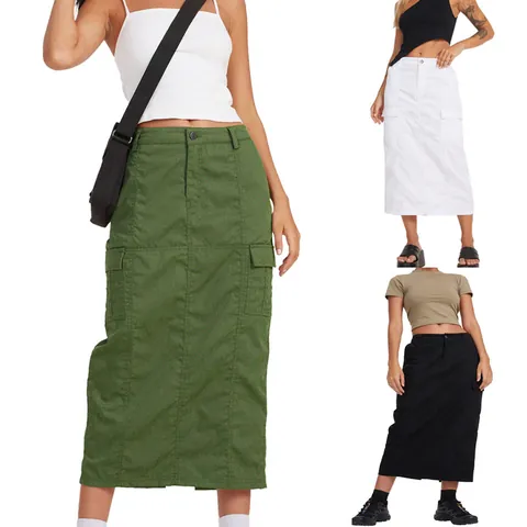 Women High Waist Cargo Denim Skirt Casual Solid Color Bodycon Midi Skirt With Pockets And Back Slit Cotton Long Skirt