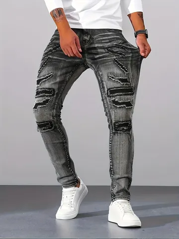 Men's Silver Grey Distressed Skinny Jeans Stretch Ripped Denim Pants Streetwear Fashion Washed Slim Fit Printed Trousers