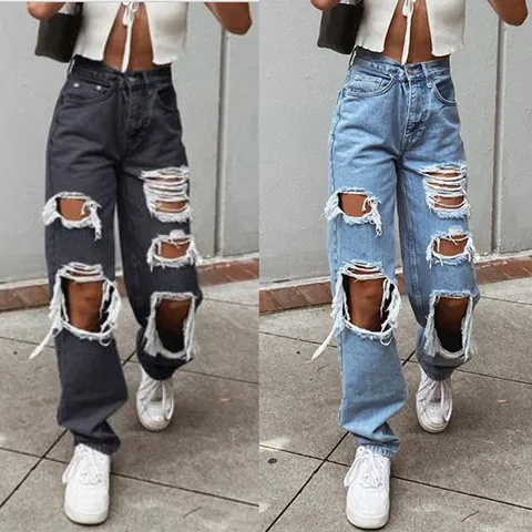 Jeans Femme Taille Haute Déchiré Jambe Large Denim Droit Pantalons Décontracté Streetwear Bord Franc Lavé Bleu Clair Noir