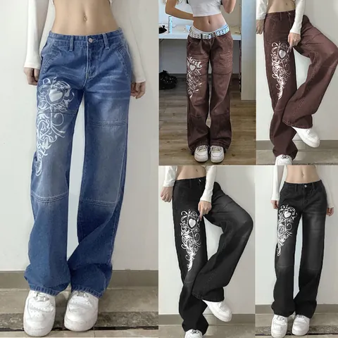 Women Casual Loose Wide Leg Printed Jeans Vintage High Waist Denim Pants Heart Graphic Streetwear Y2K Fashion Trousers