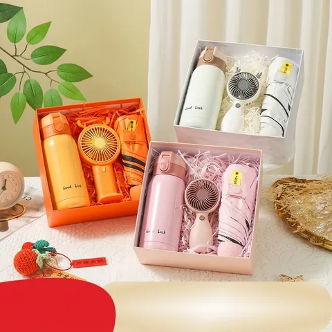 Business Gift Set Stainless Steel Thermos Flask Sun Umbrella Mini Handheld Fan Coral Fleece Towel For Birthday Office Women
