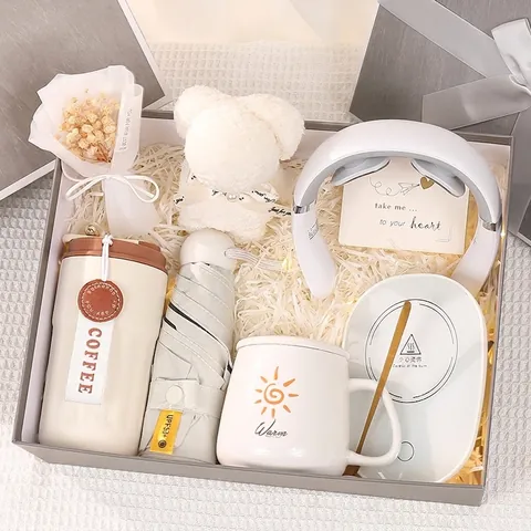 Business Gift Set Stainless Steel Thermos Flask Sun Umbrella Mini Handheld Fan Coral Fleece Towel For Birthday Office Women