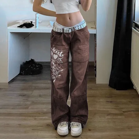 Women Casual Loose Wide Leg Printed Jeans Vintage High Waist Denim Pants Heart Graphic Streetwear Y2K Fashion Trousers