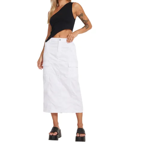 Women High Waist Cargo Denim Skirt Casual Solid Color Bodycon Midi Skirt With Pockets And Back Slit Cotton Long Skirt
