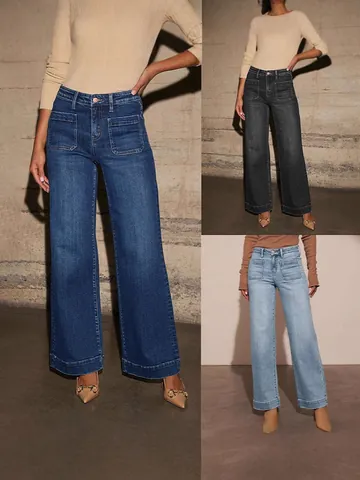 Dames Retro Jeans met Wijde Pijpen Hoge Taille Rechte Denim Broek Gewassen Vierkante Zak Casual Streetwear Herfst Lente Broek